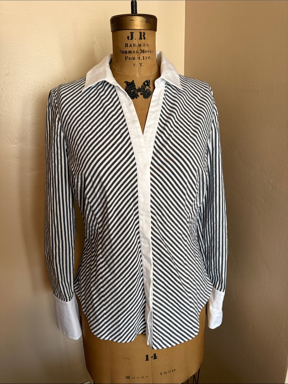 Un Jour Ailleurs Paris Stripe Cotton Stretch Contrast Collar Blouse Size 2 US M
